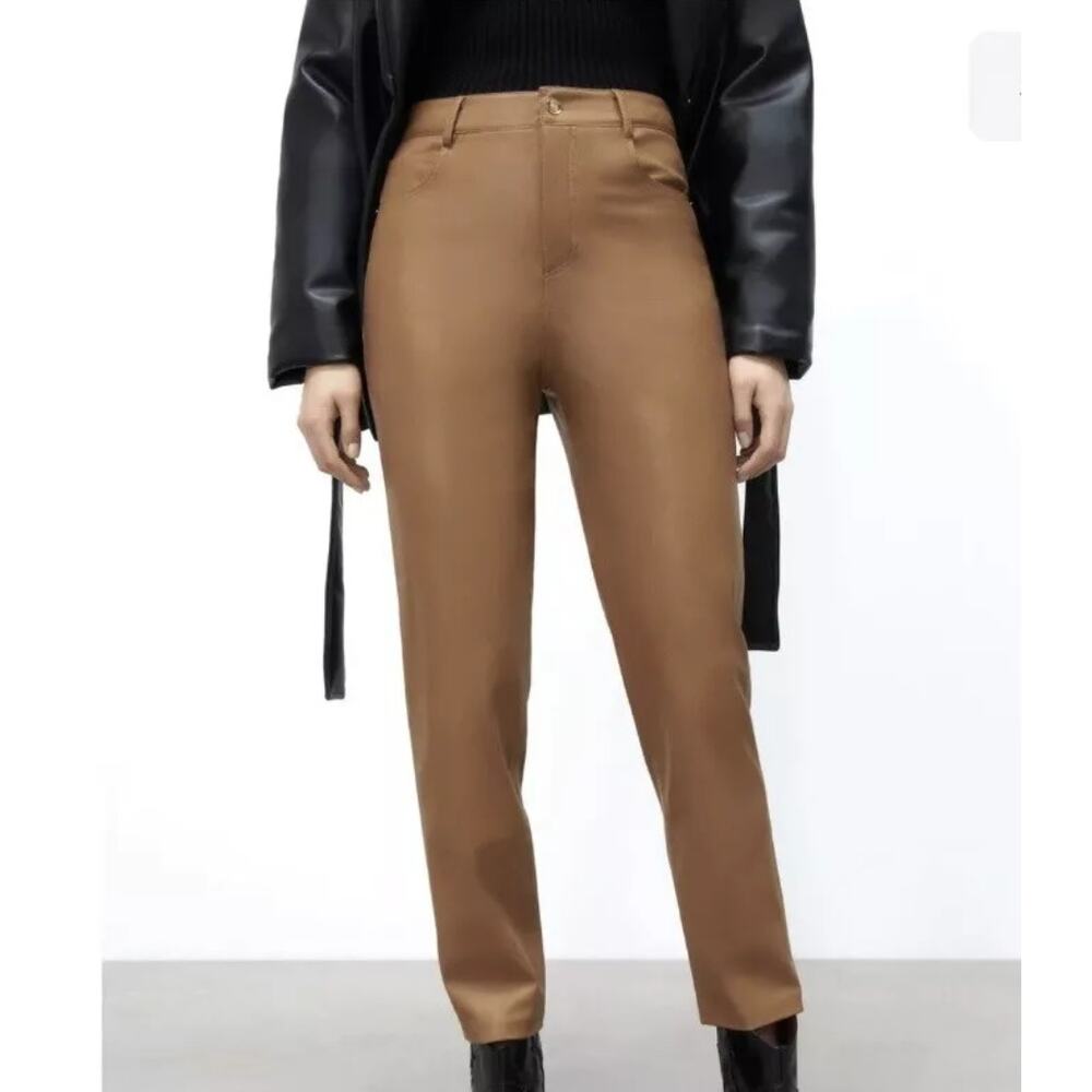 Zara Dark Camel Mom Fit Pants Women's Medium‎ Brown Faux Leather High Waist